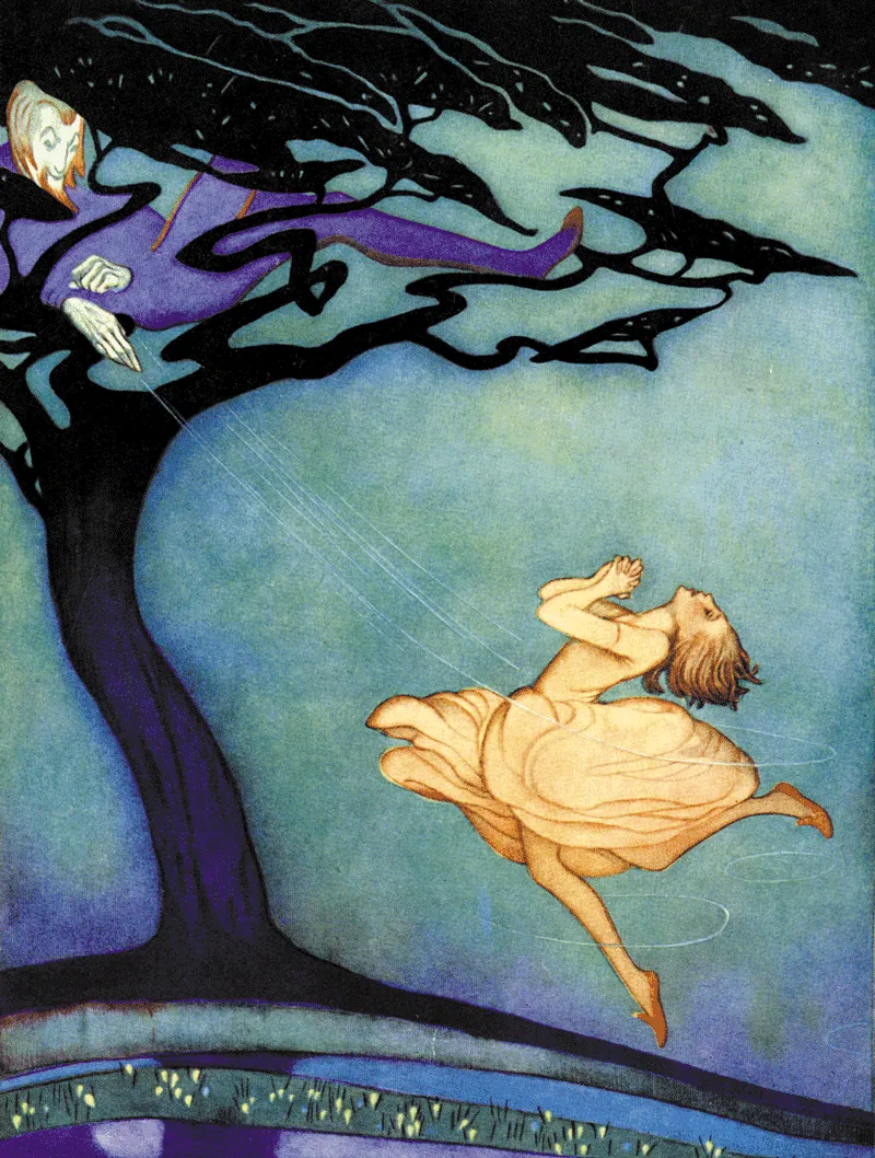 Art Deco-influenced illustration of Karen and the red shoes
