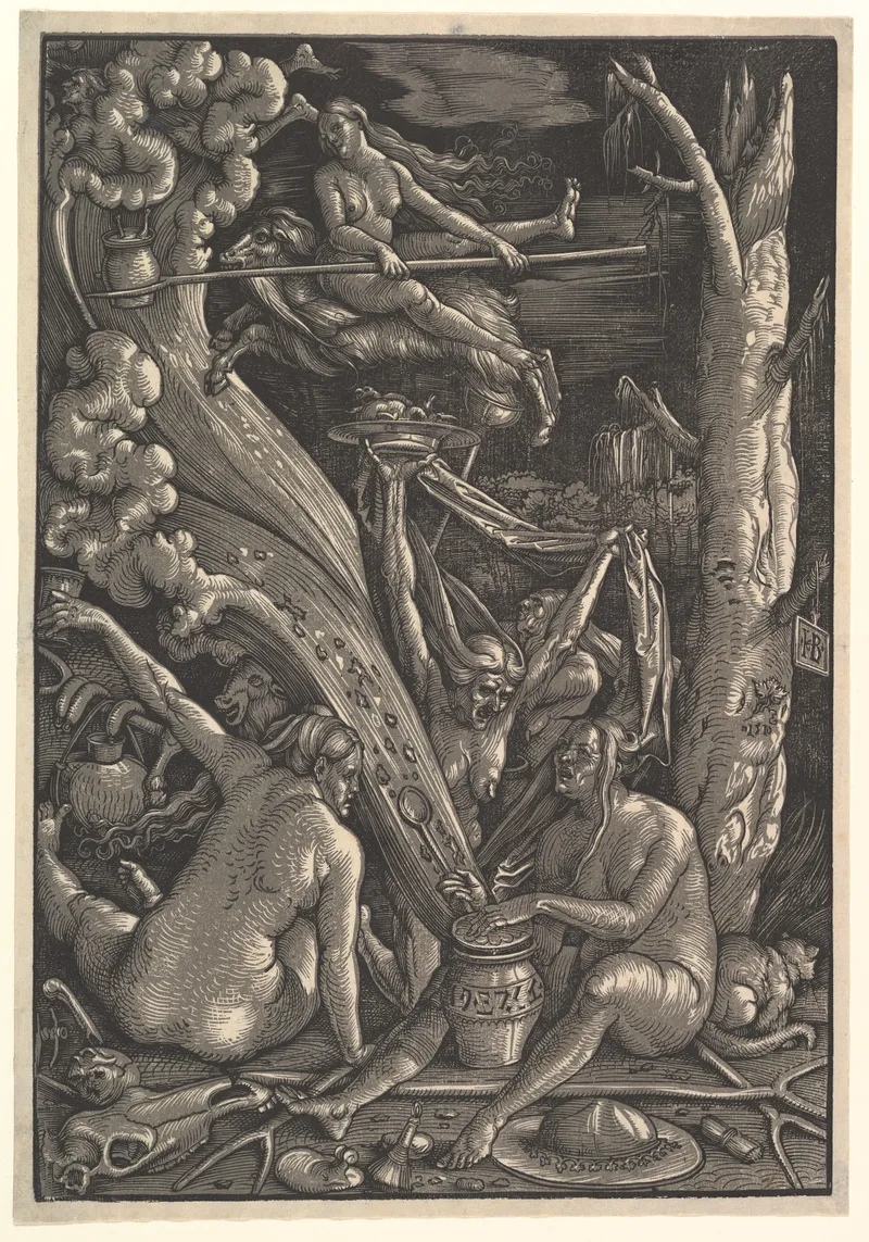 Hans Baldung Grien woodcut from 1510 showing nude women in a witches' sabbath scene with supernatural elements