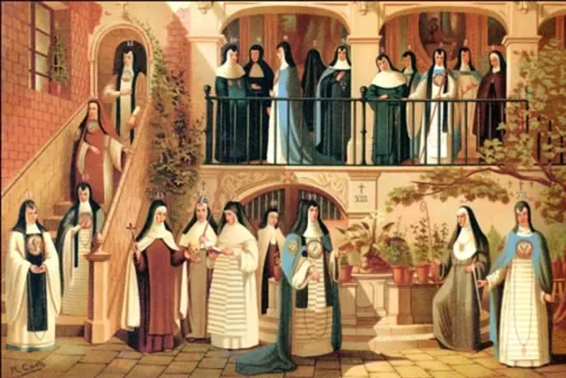 Colonial-era painting depicting the everyday life of nuns in a Novohispanic convent, showing them gathered across two levels of a cloister.