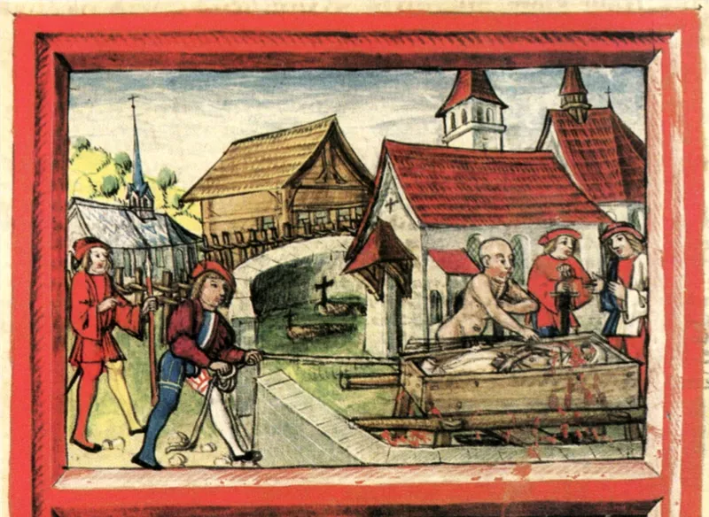 Illustration of the 1503 Ettiswil bier ordeal, where Hans Spiess was forced to touch his wife’s corpse as part of a cruentation trial. (Image credit: Wikimedia Commons)