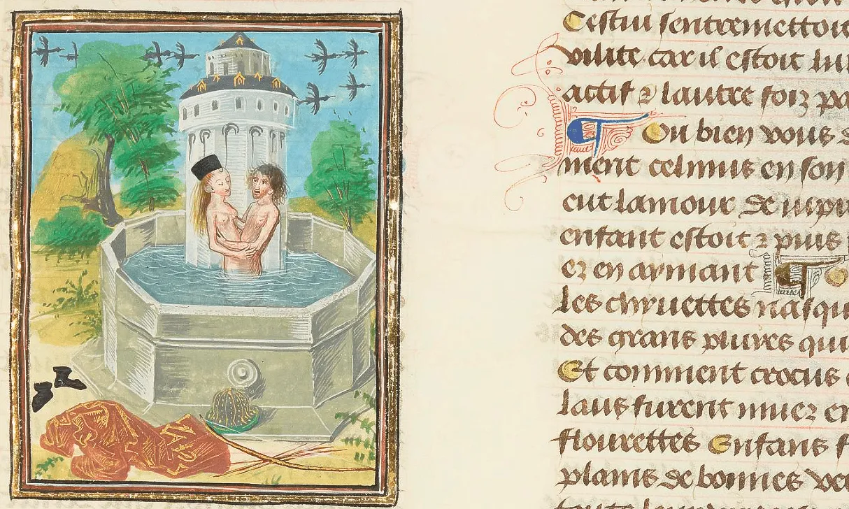 A miniature of Salmacis and Hermaphroditus in a a manuscript. Ovide Moralisé. Credit: BNF.