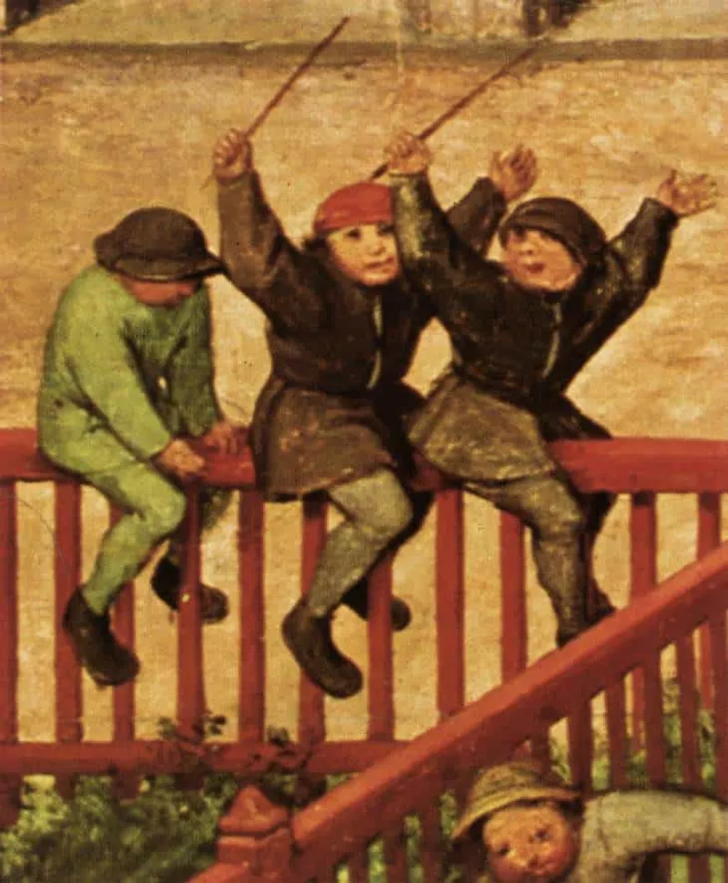 A close-up detail from "Children’s Games" by Pieter Bruegel the Elder, illustrating children playing on a fence.