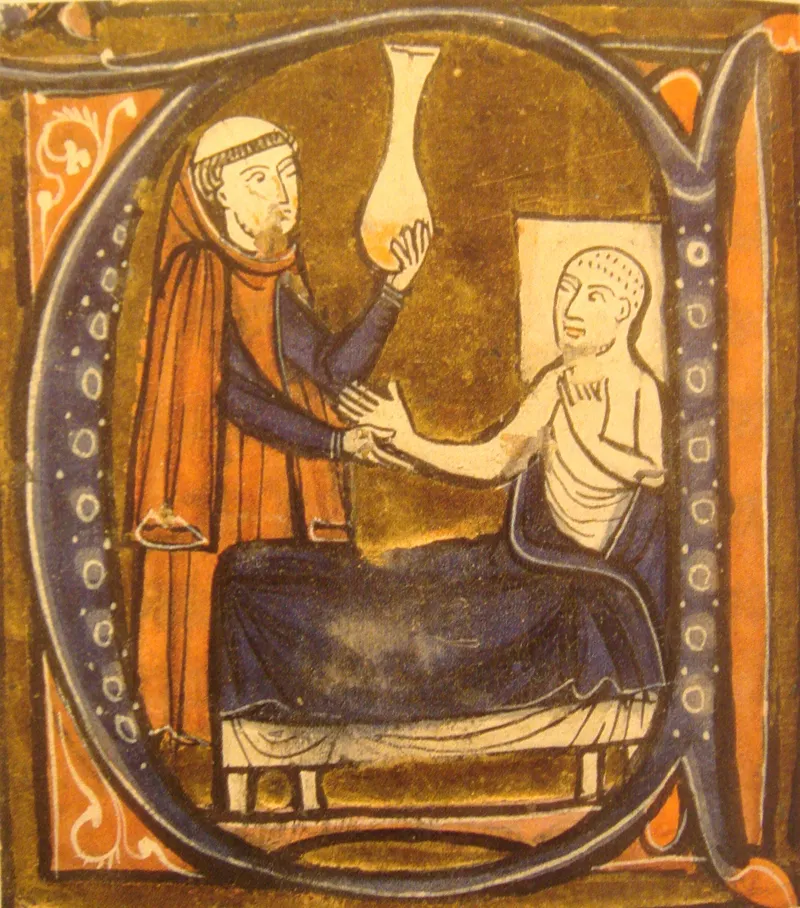 A physician examining urine while consulting with a patient, illustrating the direct relationship between practitioner and patient in medieval medicine.