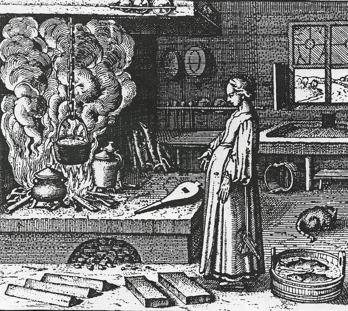 A woman cooking in Michael Maier’s ‘Atlanta Fugiens‘, 1617. (Credit: University of Glasgow Library)