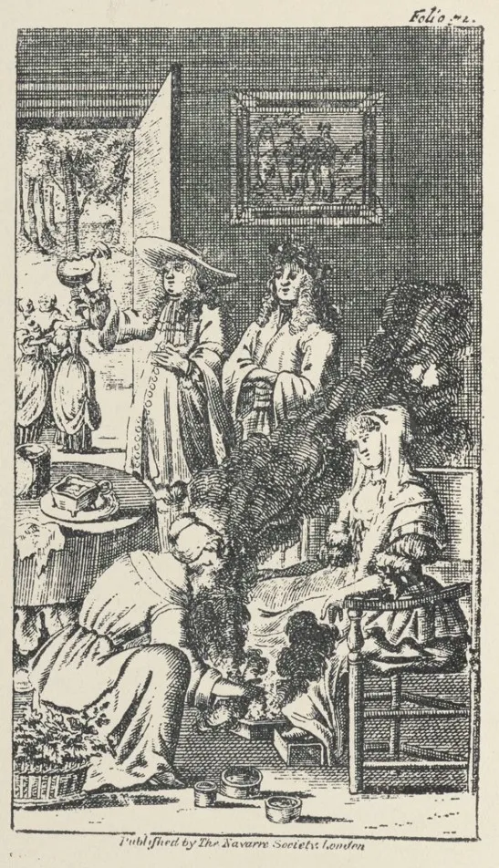 Seventeenth-century illustration showing a womb fumigation treatment with a woman seated over aromatic substances