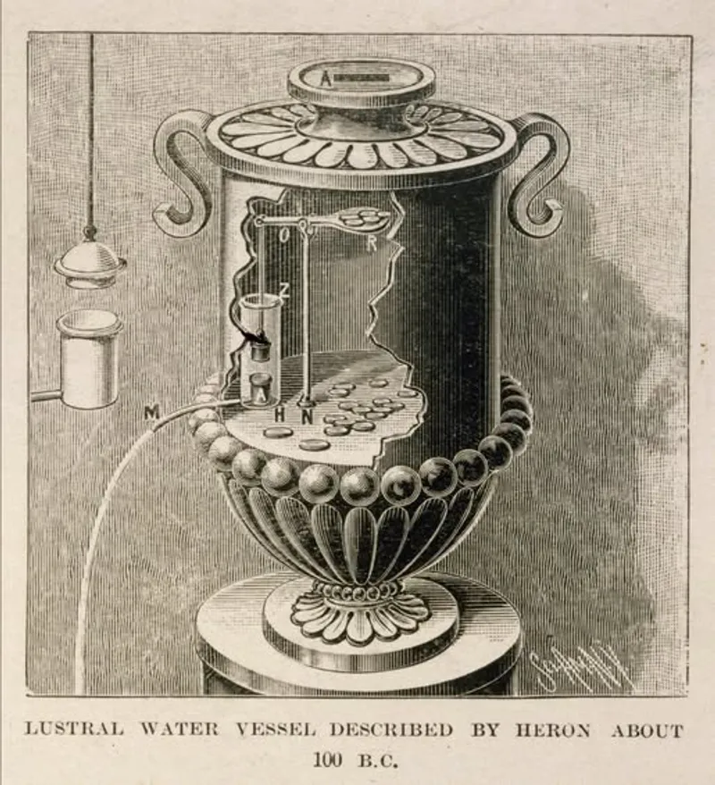 Diagram of Hero of Alexandria's coin-operated holy water dispenser from his treatise Pneumatica