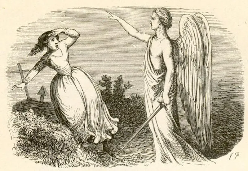 An angel with a flaming sword appears to Karen, delivering the divine curse