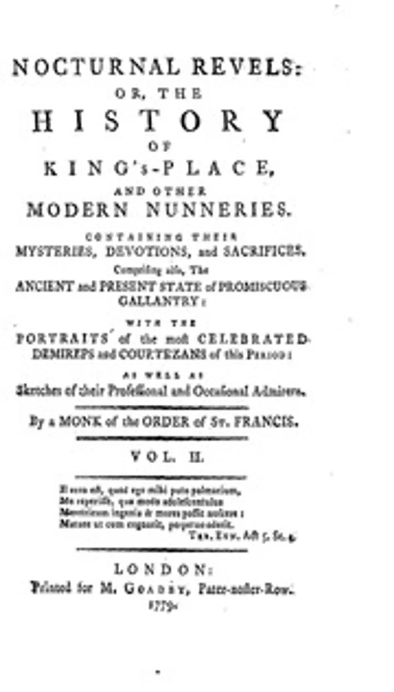 Title page of Nocturnal Revels (1779), presenting itself as a history of London’s brothels and “modern nunneries,” published by M. Goadby.