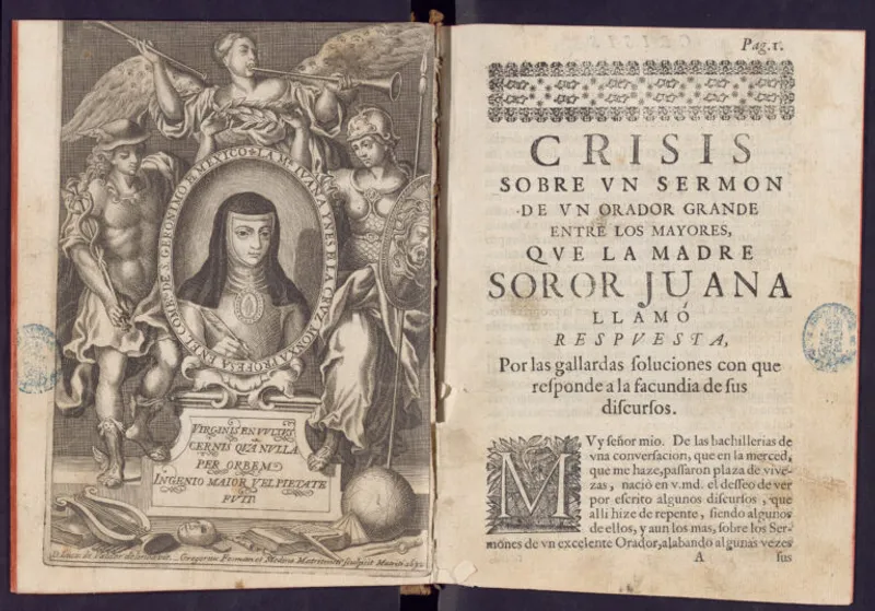 Frontispiece engraving by Lucas de Valdés portraying Sor Juana Inés de la Cruz, alongside the opening text of her theological critique.
