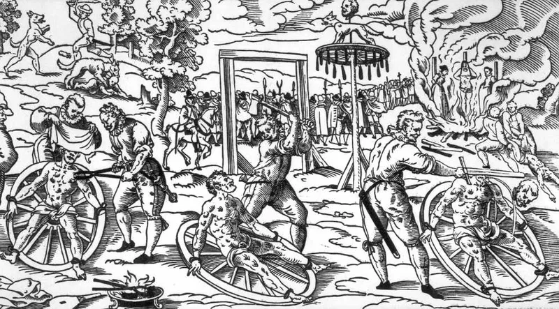 Sixteenth-century woodcut showing execution by breaking wheel, a common punishment in early modern Europe. (Image credit: Wikimedia Commons)