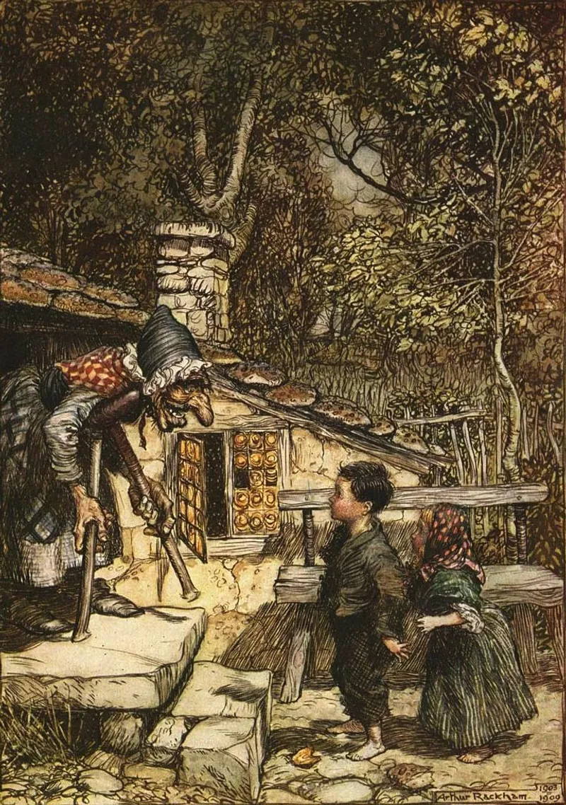 Hansel and Gretel are welcomed into the witch’s hut, by Arthur Rackham (1909). Credit: Wikimedia Commons