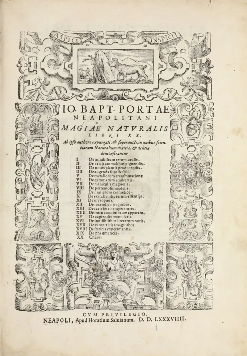 The title page of the expanded 1589 Latin edition, in which author Giambattista Della Porta himself censored his own work after facing the Inquisition.