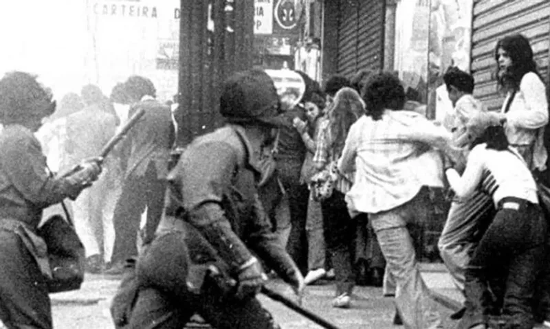 Police repression during protests against the military regime.