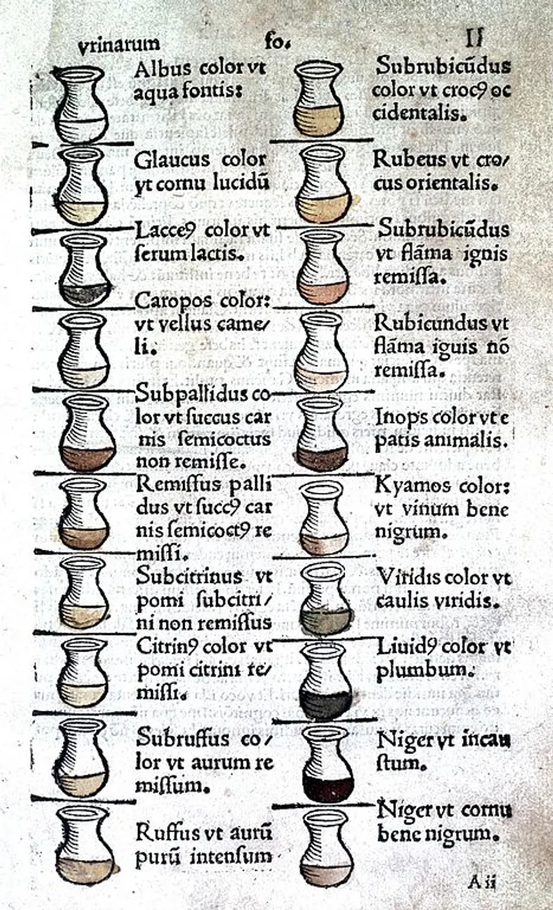 A detailed chart from a Renaissance printed book, displaying various urine colours and their medical interpretations. (Wellcome Collection)