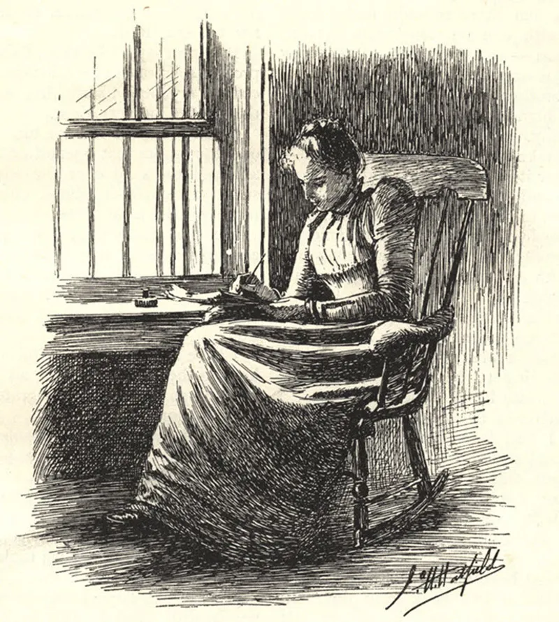 Illustration from The Yellow Wallpaper – The narrator writes secretly by a barred window. (Image credit: Public domain)