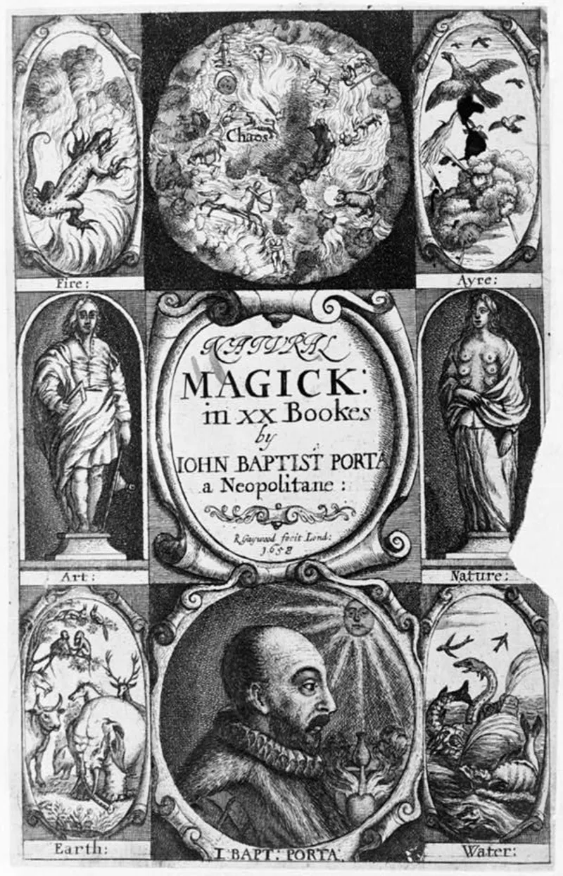 Cover of "Natural Magick" by Giambattista della Porta (1589), a comprehensive work on the natural sciences and magical practices of the Renaissance.