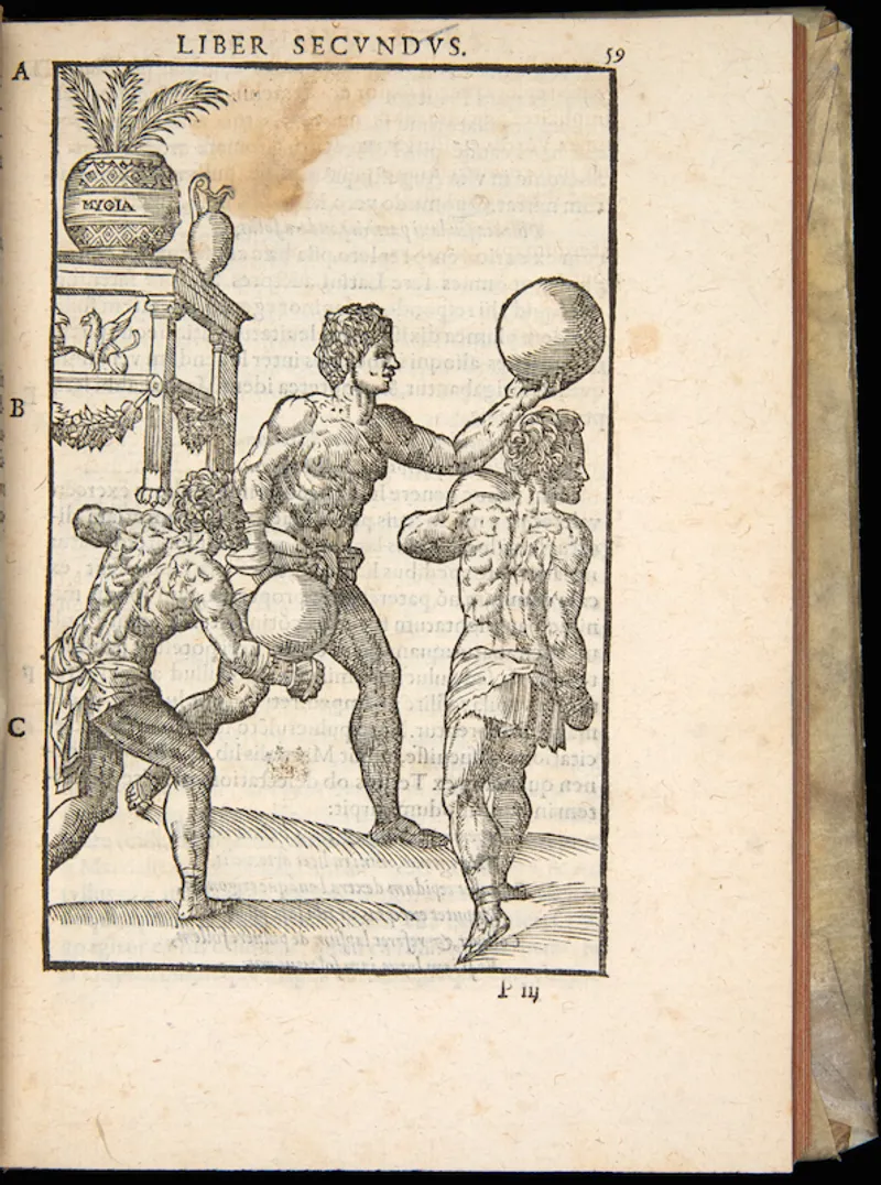 Illustration from "De Arte Gymnastica" by Girolamo Mercuriale, showing athletes with a medicine ball.