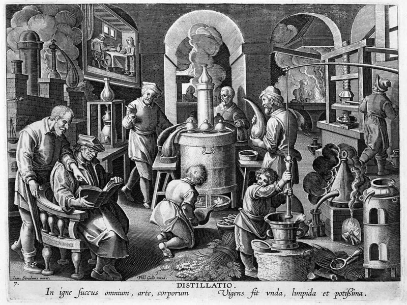 Workers operating distilling apparatus in a laboratory. Credit: Wellcome Images