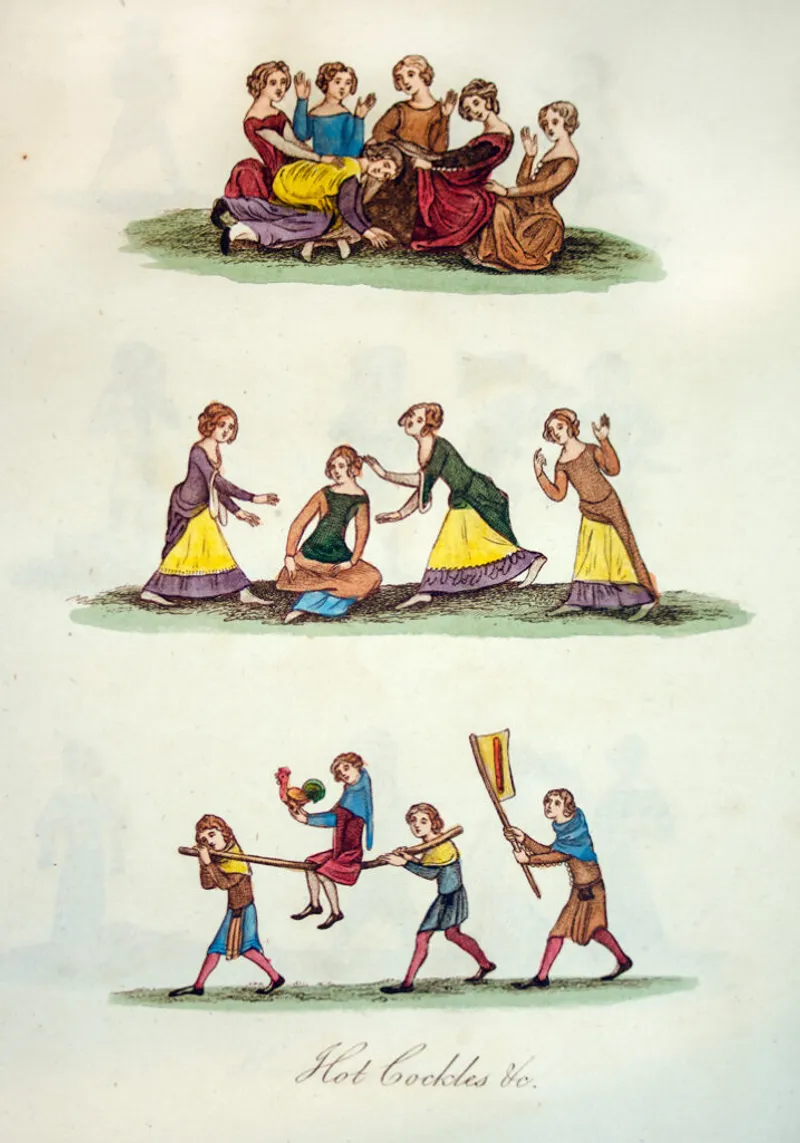 An illustration of the game "Hot Cockles," where players would guess who struck them while blindfolded.