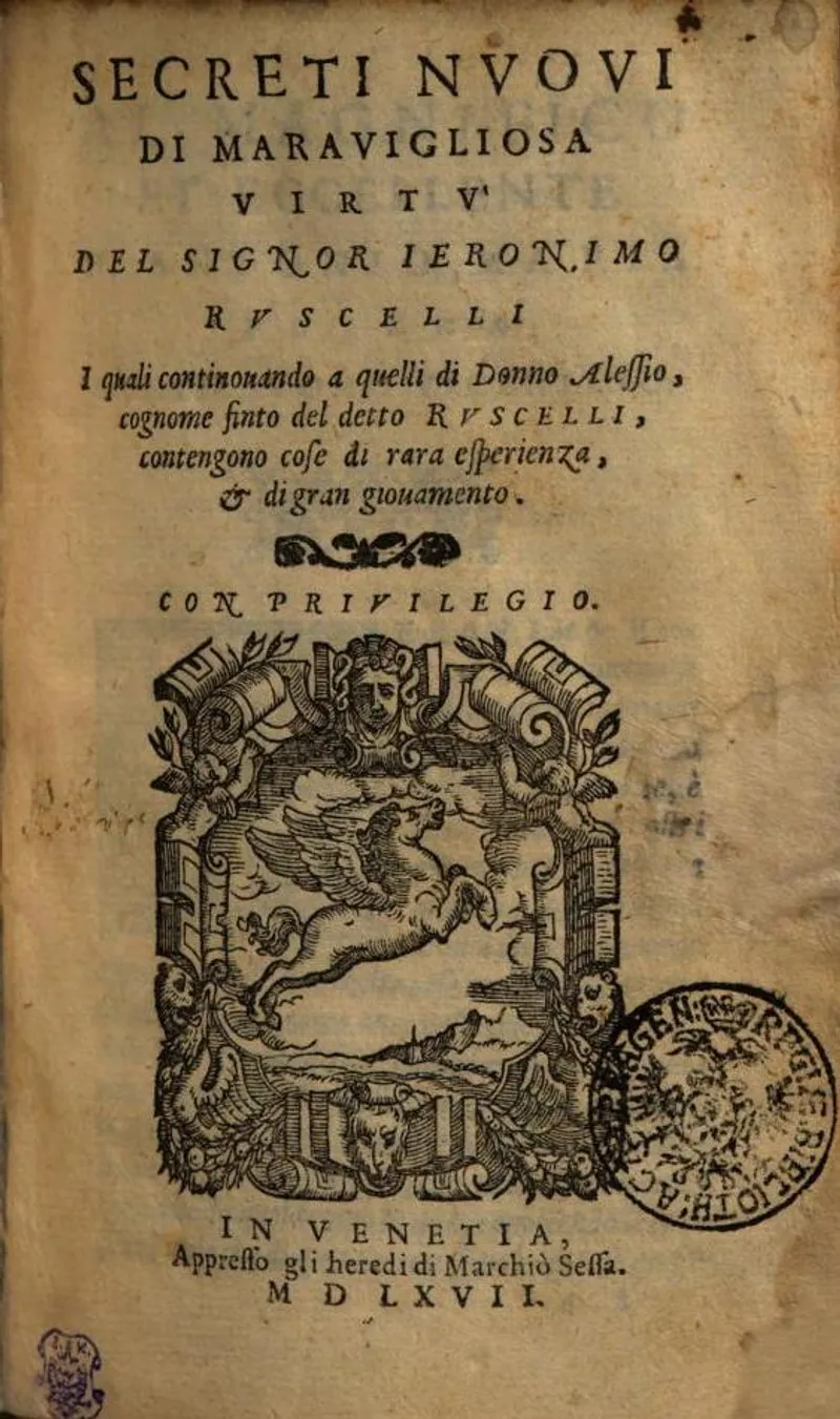 Cover of Girolamo Ruscelli's 'Secreti nuovi di meravigliosa virtù', a significant alchemical text from 1567.