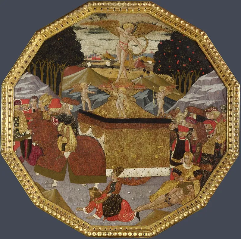 The Triumph of Love" (Apollonio di Giovanni, 1453-55) - A luxurious birth tray celebrating familial continuity and social aspirations through artistic symbolism.