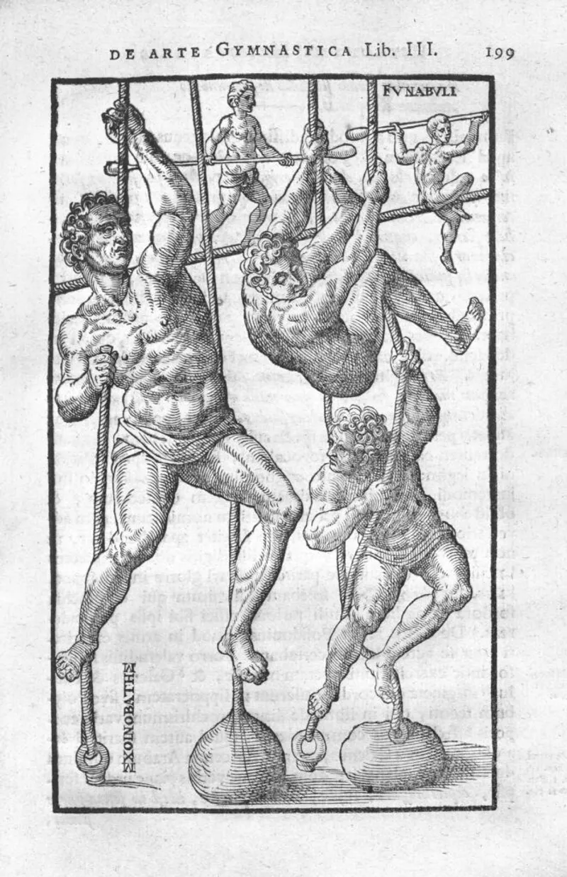 Illustration from "De Arte Gymnastica" by Girolamo Mercuriale, showing ancient exercises on ropes. Credit: Wellcome Library.