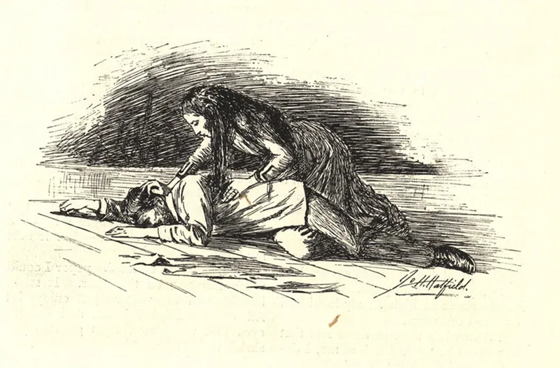 Illustration from The Yellow Wallpaper – The narrator creeps over her unconscious husband. (Image credit: Public domain)
