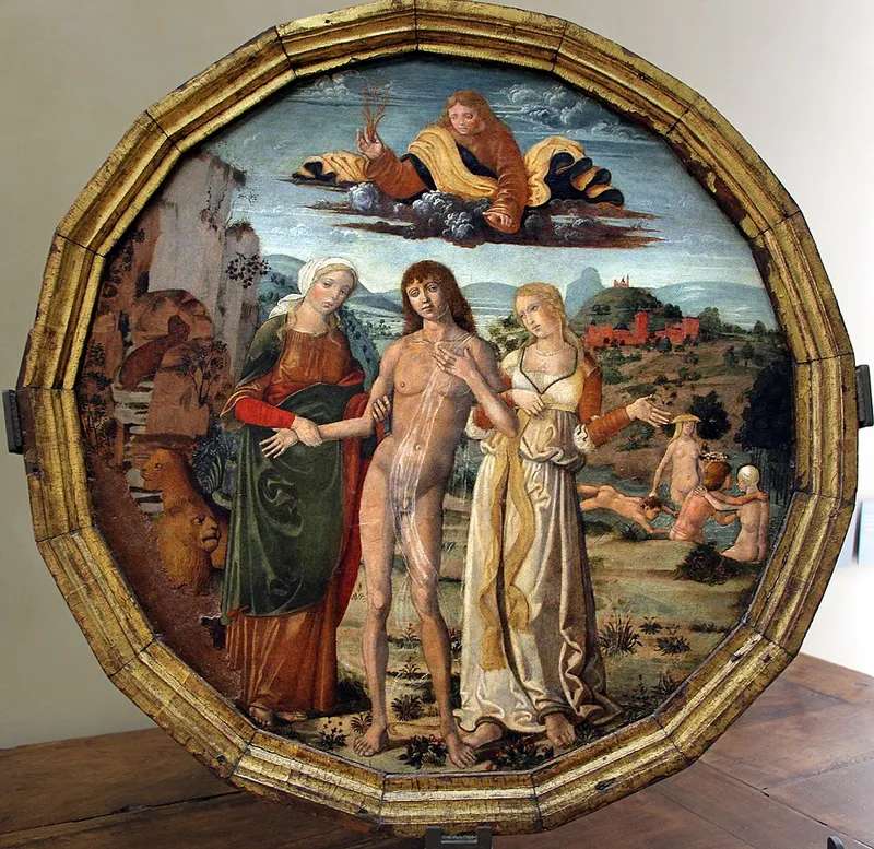 A wedding tray symbolizing choices and virtues, offering parallels to the symbolic roles of birth trays.