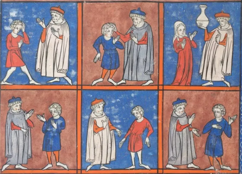 A series of medical consultations from a medieval manuscript showing the physician-patient relationship in medieval medicine. Note the formal gestures and consistent portrayal of the physician's authority.