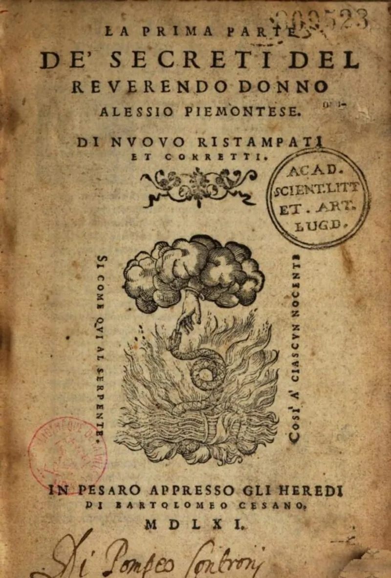 Cover of 'De Secreti del Reverendo Donno Alessio Piemontese', highlighting the era's interest in alchemical secrets.