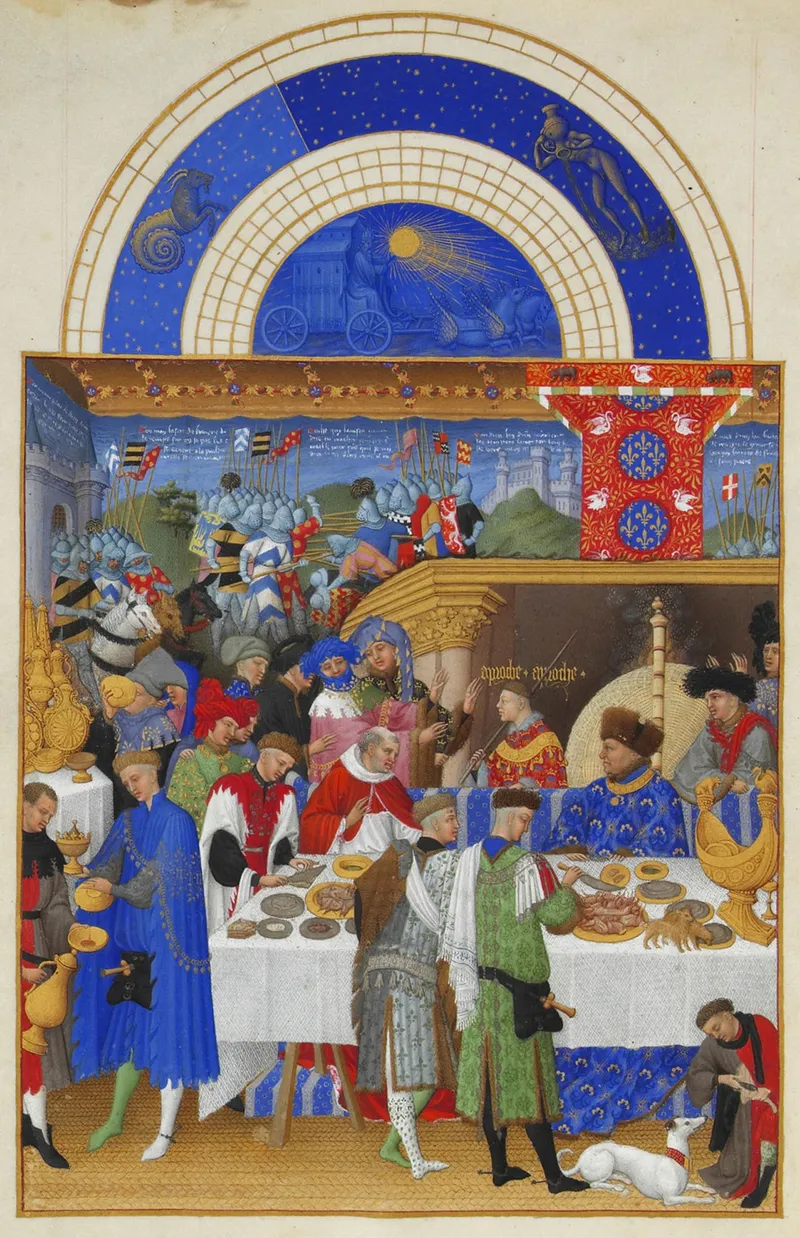 The January feast scene from the Très Riches Heures du Duc de Berry (c.1412–1416) by the Limbourg Brothers, depicting the lavish emotional world of the medieval court that Huizinga described.