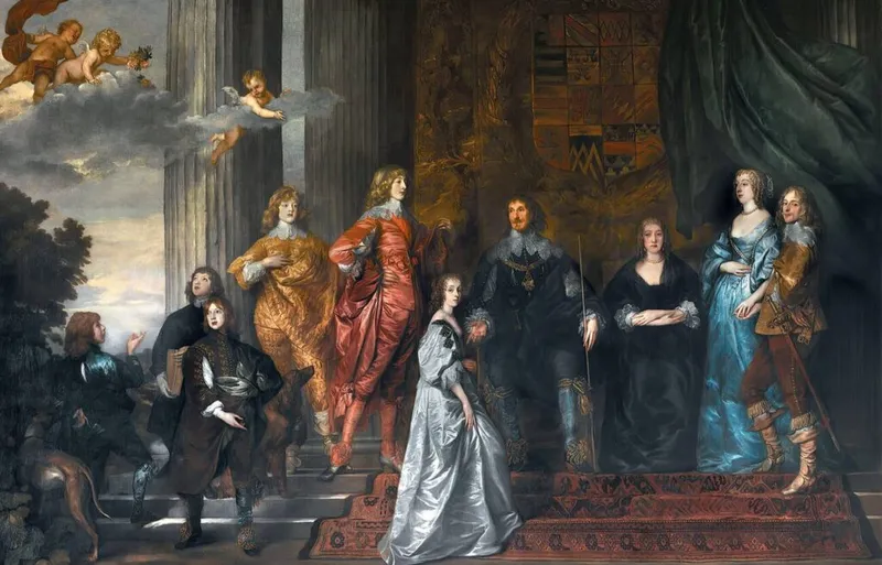 The young Mary Villiers, in
bridal attire, being welcomed into the powerful
Herbert (Pembroke) family, Wilton House. A monumental
three-panel canvas, stitched, by Van Dyck. (Her first
of three marriages.)
