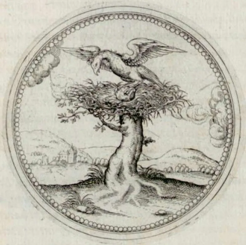 Medieval illustration of an eagle's nest and the eagle holding the stone.