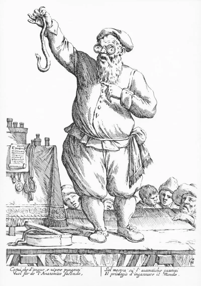 A c. 1660 drawing of a quacksalver (or quack) holding a snake, by G. M. Mitelli. Credit: Wellcome Images