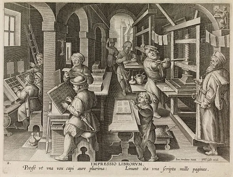 An illustration of a Renaissance printing press, highlighting the era's advancements in disseminating knowledge.