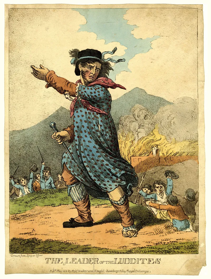 'The Leader of the Luddites', an 1812 engraving depicting the mythical Ned Ludd, representing working-class resistance to industrial change.