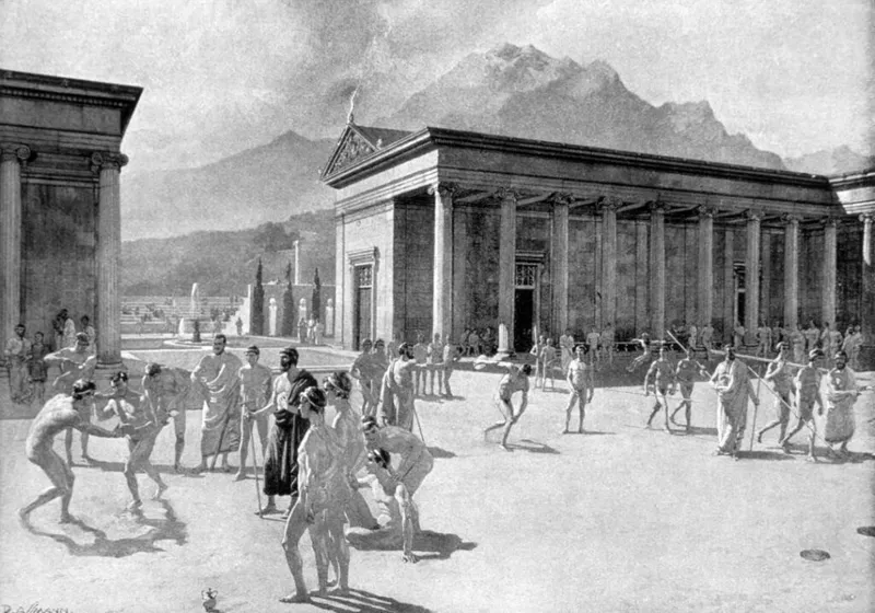 Historical illustration of a Greek gymnasium.