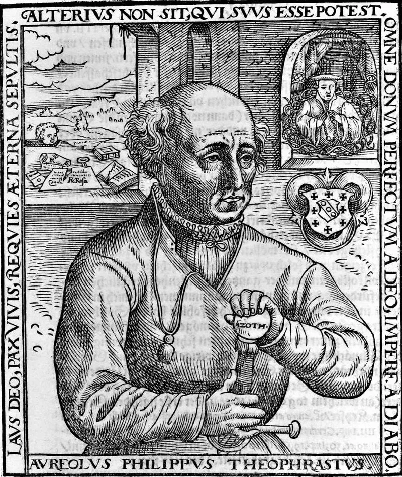 Paracelsus portrait, holding a bottle of Azoth (1567)