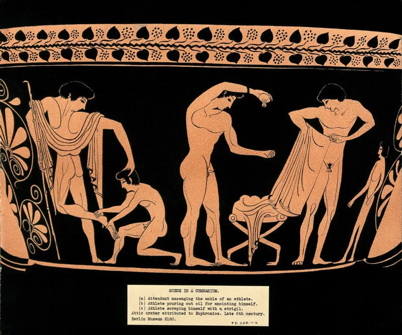 Scene in a gymnasium on an Attic red-figure kylix, attributed to Euphronios, late 6th century.