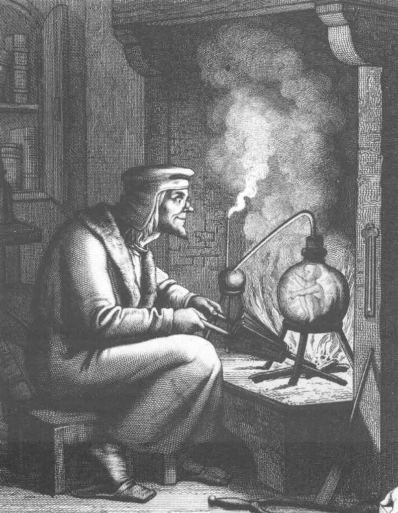Paracelsus in an image from Faust, 19th century, experimenting with the Homunculus.