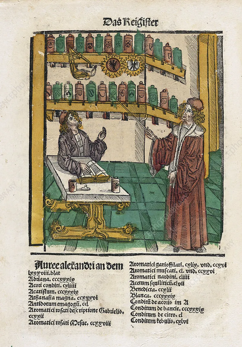 Illustration of an alchemist teaching his student in a workshop in 'Liber de arte distillandi de compositis' (1512) (Public Domain).