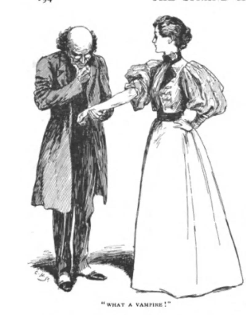 The doctor inspecting the marks on the woman's arm, captioned "What a Vampire!"