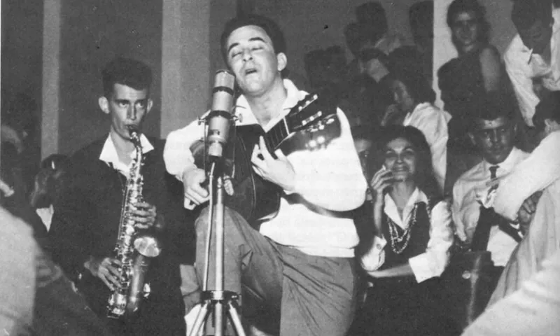 João Gilberto performing in the early days of Bossa Nova, a genre influenced by modernism and samba.