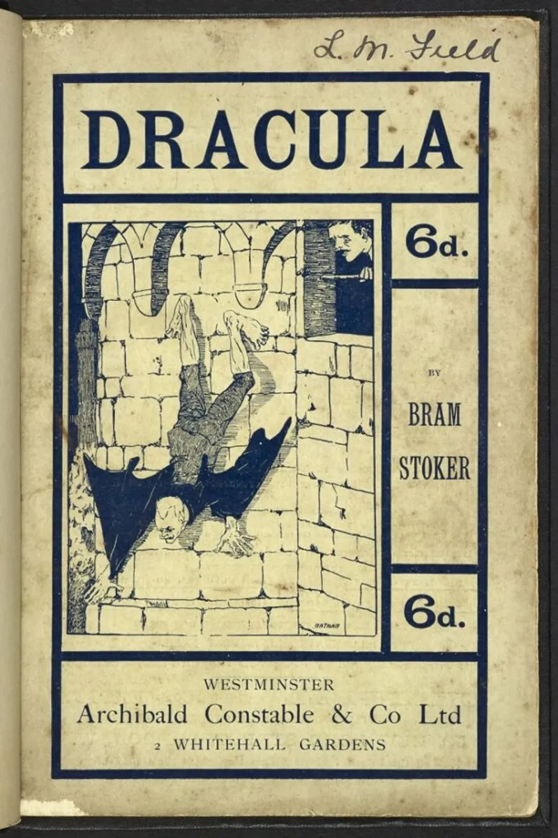 A vintage edition cover of Bram Stoker’s Dracula (1897), showing a dramatic depiction of Count Dracula in his bat-like form. This represents the era's fascination with the vampire myth.