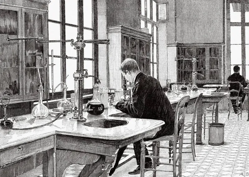 Microbiology laboratory in the late 19th century, showing a scientist at work with glassware and early microscopes. (Image credit: Wellcome Collection)