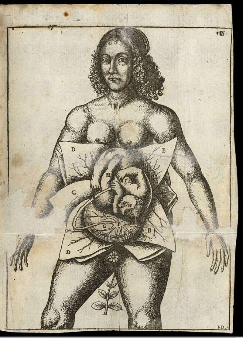 The baby in the womb in Jane Sharp's 1671 'The Midwives Book'. (Public Domain)