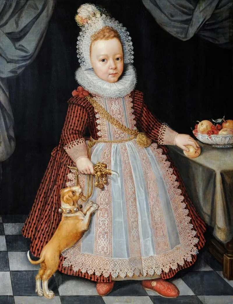 "Portrait of a Child with a Rattle" by Paul van Somer, illustrating a typical Tudor toy for infants. Credit: MeisterDrucke.