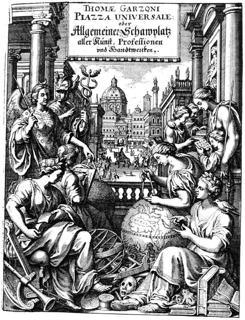 Frontispiece of Tommaso Garzoni's 'Piazza Universale', depicting various professions of the world in the Renaissance.