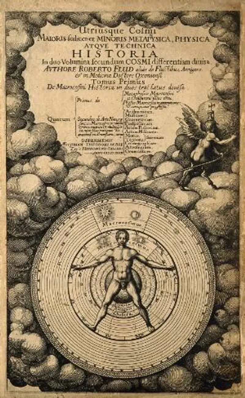 17th-century engraving of man as the microcosm and the universe as macrocosm, by T. de Bry. (Credit: Wellcome Images)