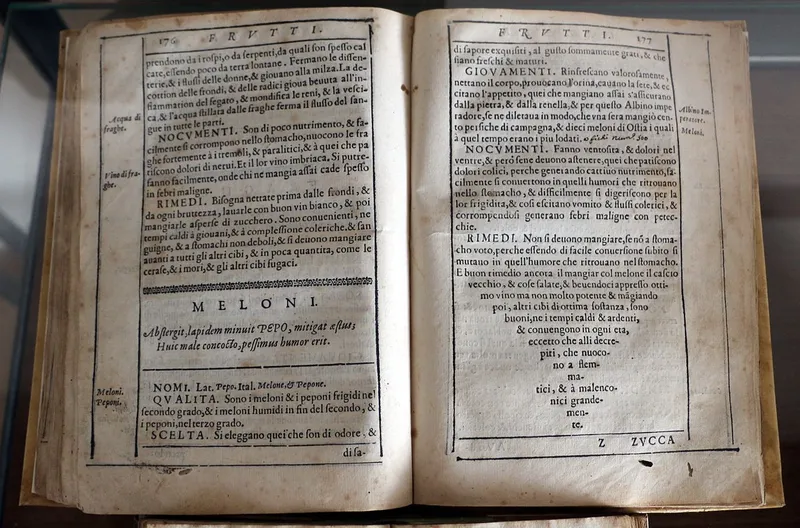 Advice about eating melons in Castore Durante’s Tesoro della Sanità (Rome, 1586). Credit: Wikimedia Commons.